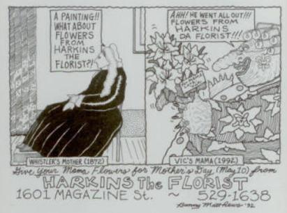 A hand-drawn comic of Whistler's mother disappointed receiving a painting and Vic's mama happy about harkins' flowers