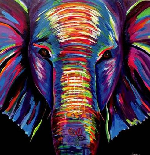 Image of an elephant painted in vibrant colors
