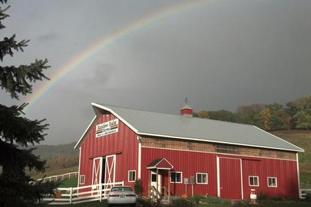 picture with barn and rainbow