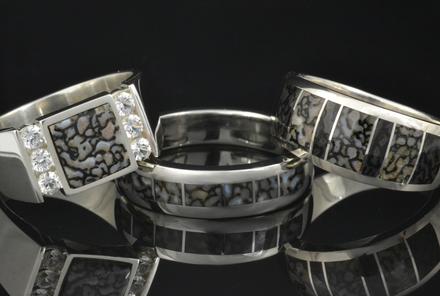Men's dinosaur bone rings by Hileman Silver Jewelry
