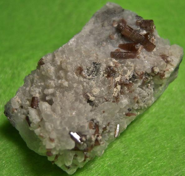 fluorescent brown Pyromorphite crystals, Quartz, golden Pyrite,Tetrahedrite, Level 200, Pcheloyad Mine (Pchelojad; Ptchelojad; Pcheloiad), Momchilgrad Obshtina, Kardzhali Oblast (Kurdzhali; Kărdžali; Kurdjali), Bulgaria