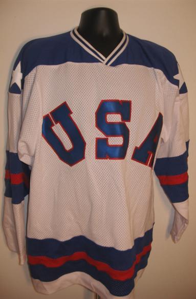 Team USA Jersey worn by Bill Baker of the U.S. Hockey Team during the 1980  Winter Olympics