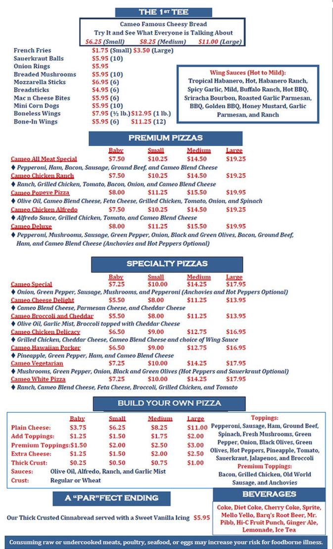 Menu Cameo At The Creek, Eagle Creek Golf Course, Norwalk, OH
