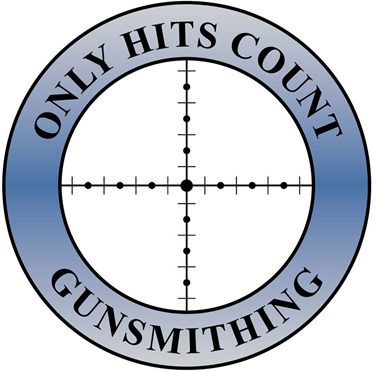 Logo in black and white with gradient blue, reticle with Only Hits Count Gunsmithing around the reticle