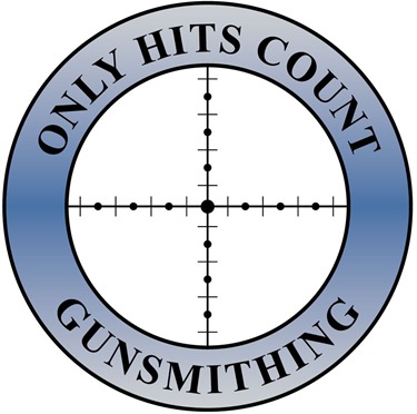 Logo in black and white with gradient blue, reticle with Only Hits Count Gunsmithing around the reticle