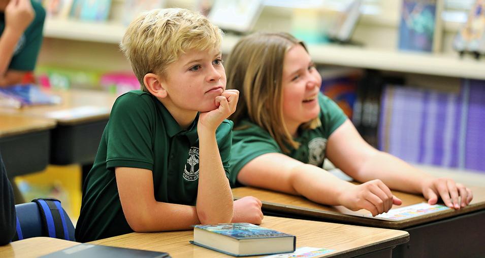 Boy and Girl in Class at Catholic School Hanford, CA