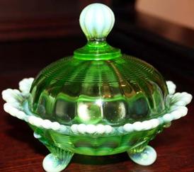 Mosser Glass Covered Candy Dish Emerald Opal