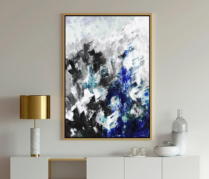 Blue abstract art with charcoal and light gray and bright blue