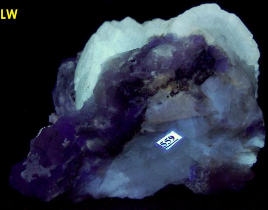 fluorescent SW LW Witherite, fluorite, calcite, sphalerite, Minerva No. 1 Mine, Ozark-Mahoning Group, Cave-in-Rock Sub-District, Illinois Kentucky Fluorspar District, Hardin County, Illinois