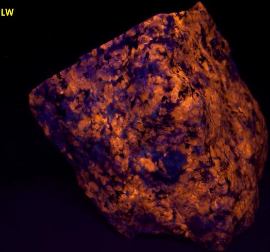 fluorescent SODALITE, ACMITE AEGIRINE - Poudrette quarry (Demix quarry; Uni-Mix quarry; Desourdy quarry; Carrière Mont Saint-Hilaire; MSH), Mont Saint-Hilaire, La Vallee-du-Richelieu RCM, Monteregie, Quebec, Canada