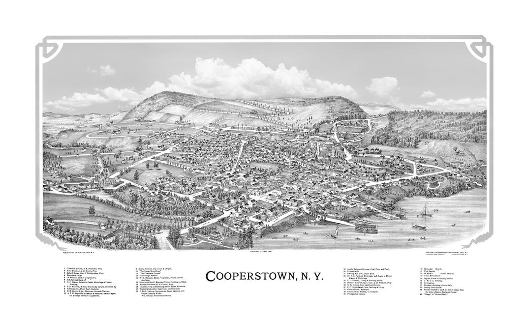 Cooperstown N.Y. 1890 Bird's Eye View - Restored Fine Art Prints - New York Archival Prints Cooperstown, N.Y. -