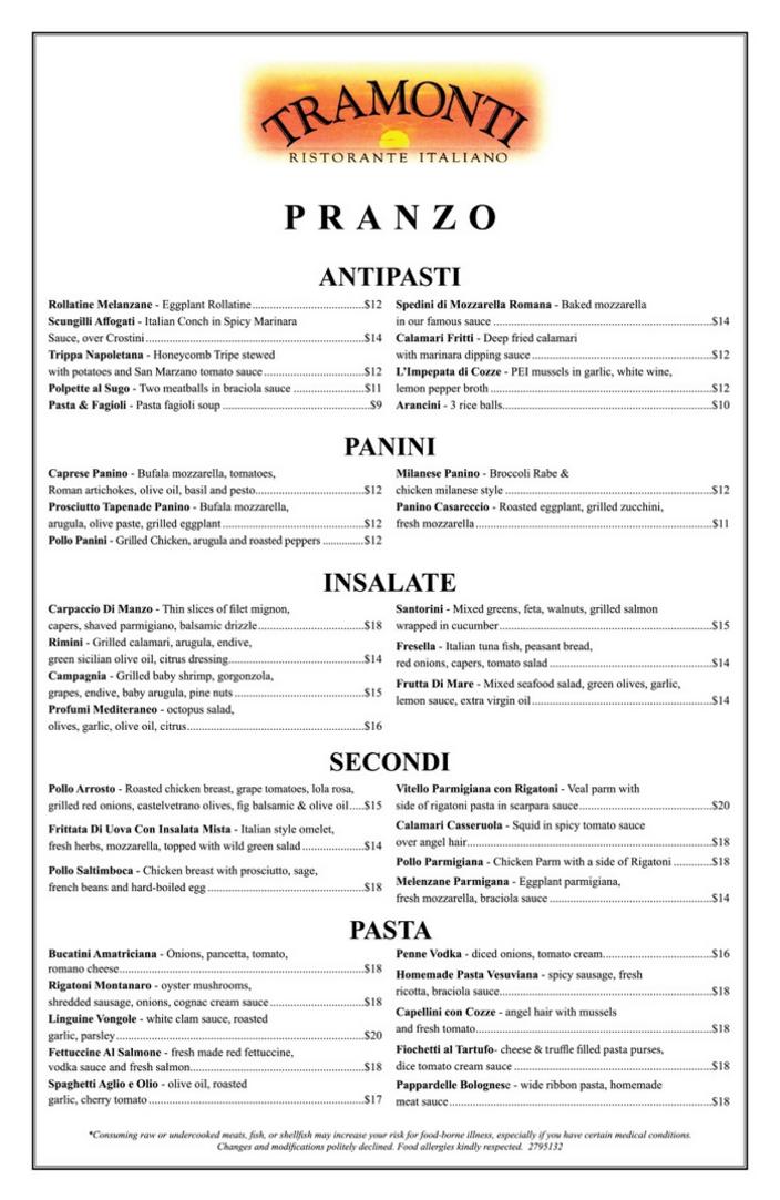 Menu Tramonti Ristorante