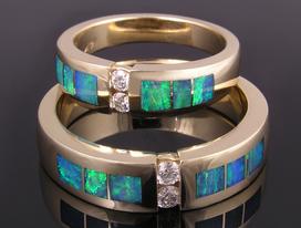 Australian opal inlay wedding bands with diamonds