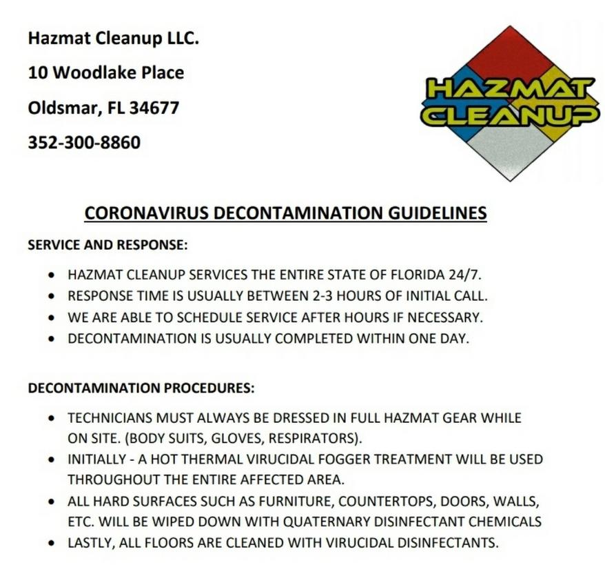 Coronavirus decontamination, disinfecting, cleaning and sanitizing services in Florida
