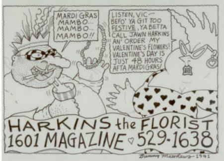 A hand-drawn cartoon of Vic in a mask and crown singing while Nat'ly tells him to order flowers before he gets too festive