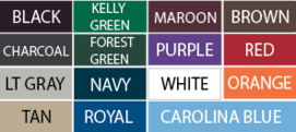 color chart: black, charcoal, light gray, tan, kelly green, forest green, navy, royal, maroon, purple, white, carolina blue, brown, red, orange