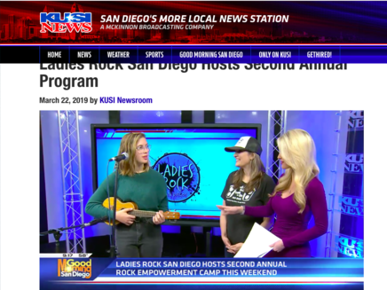 Teen girl performing on KUSI news with host and rock camp representative interviewing