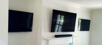 3 TVs mounted on same wall, Charlotte NC professional tv mounting, Carolina Custom Mounts