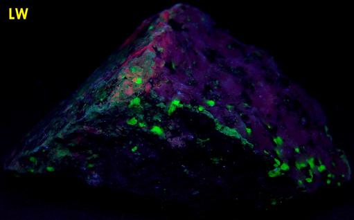 MCGOVERNITE, fluorescing WILLEMITE, CALCITE, FRANKLINITE - Sterling Mine, Sterling Hill, Ogdensburg, Franklin Mining District, Sussex County, New Jersey, USA - type tocality - ex Franklin Mining Museum