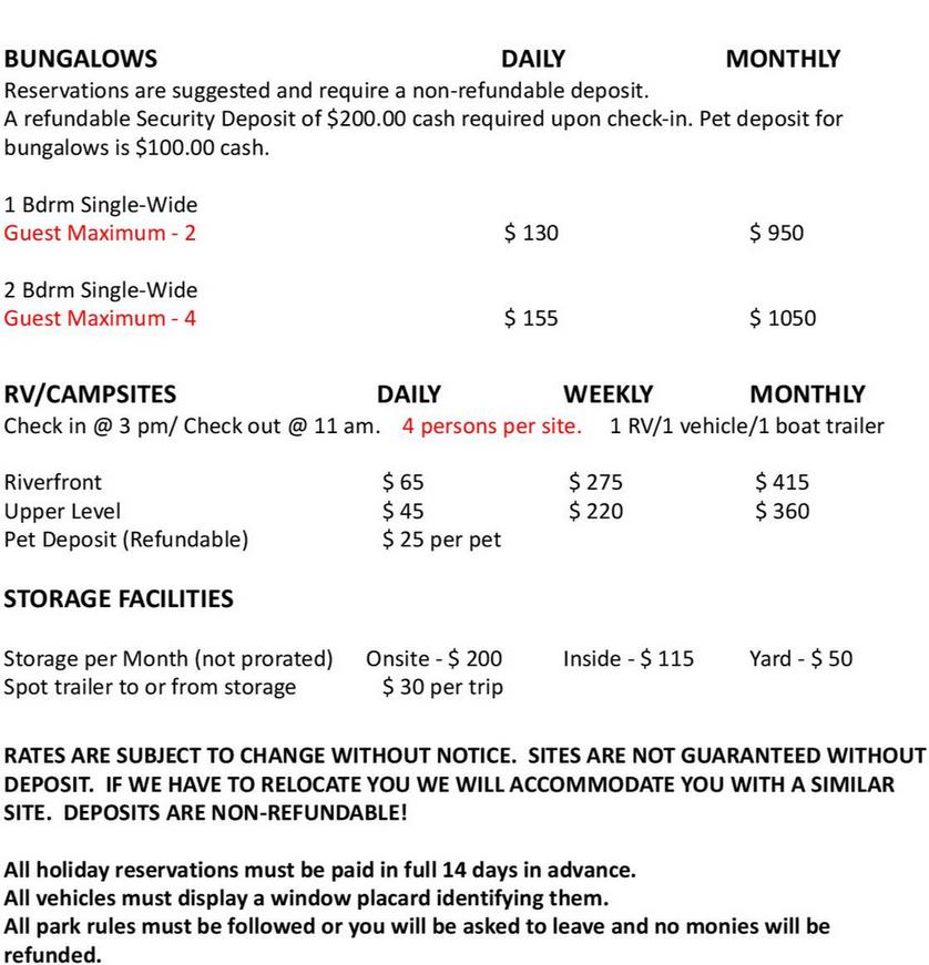 RATES RV CAMPING TENT CAMPING BUNGALOW RENTALS