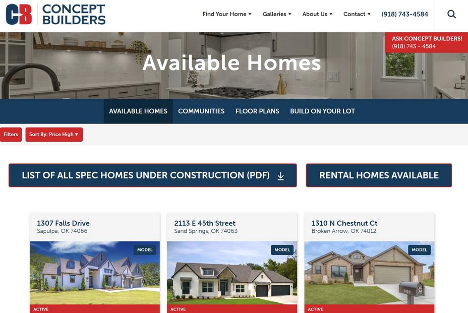 Available Spec Homes at Concept Builders website