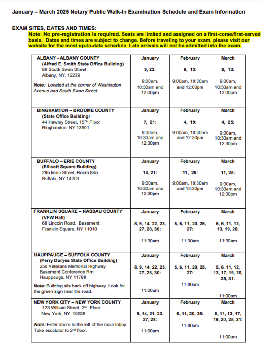 NY Notary Exam Schedules, Albany, Binghamton, Buffalo, Franklin Square, Hauppauge, NYC, NY2023 September, November, December