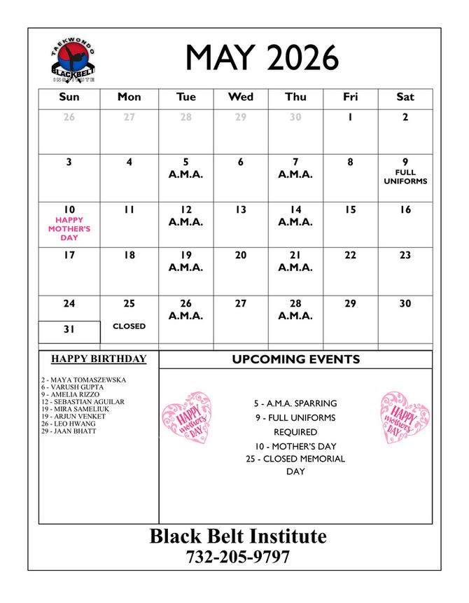 BLACK BELT INSTITUTE MARTIAL ARTS AND KARATE EVENTS CALENDER METUCHEN EDISON