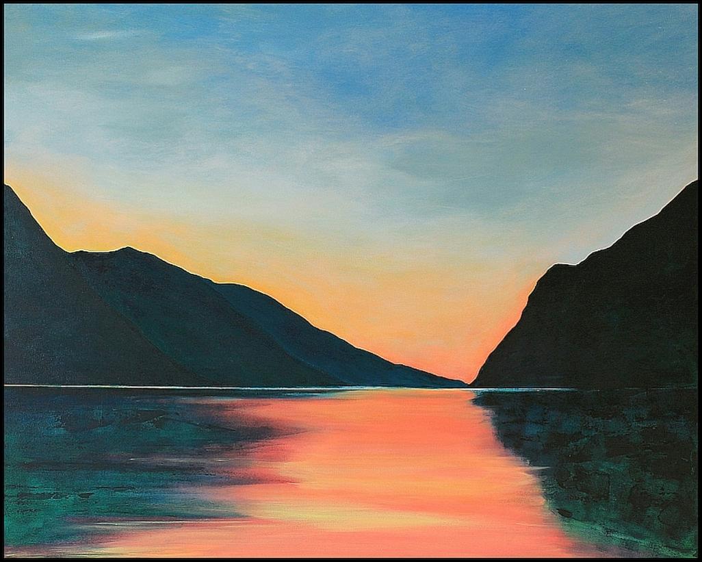 Lake Garda by Orfhlaith Egan. Contemporary dusk landscape painting. Blue, orange and green.