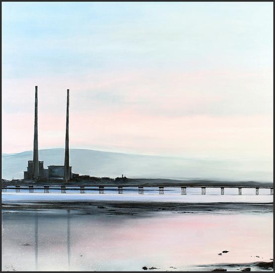 Poolbeg Towers Bull Wall Wooden Bridge Sandymount Strand Dublin Painting by Orfhlaith Egan 2021