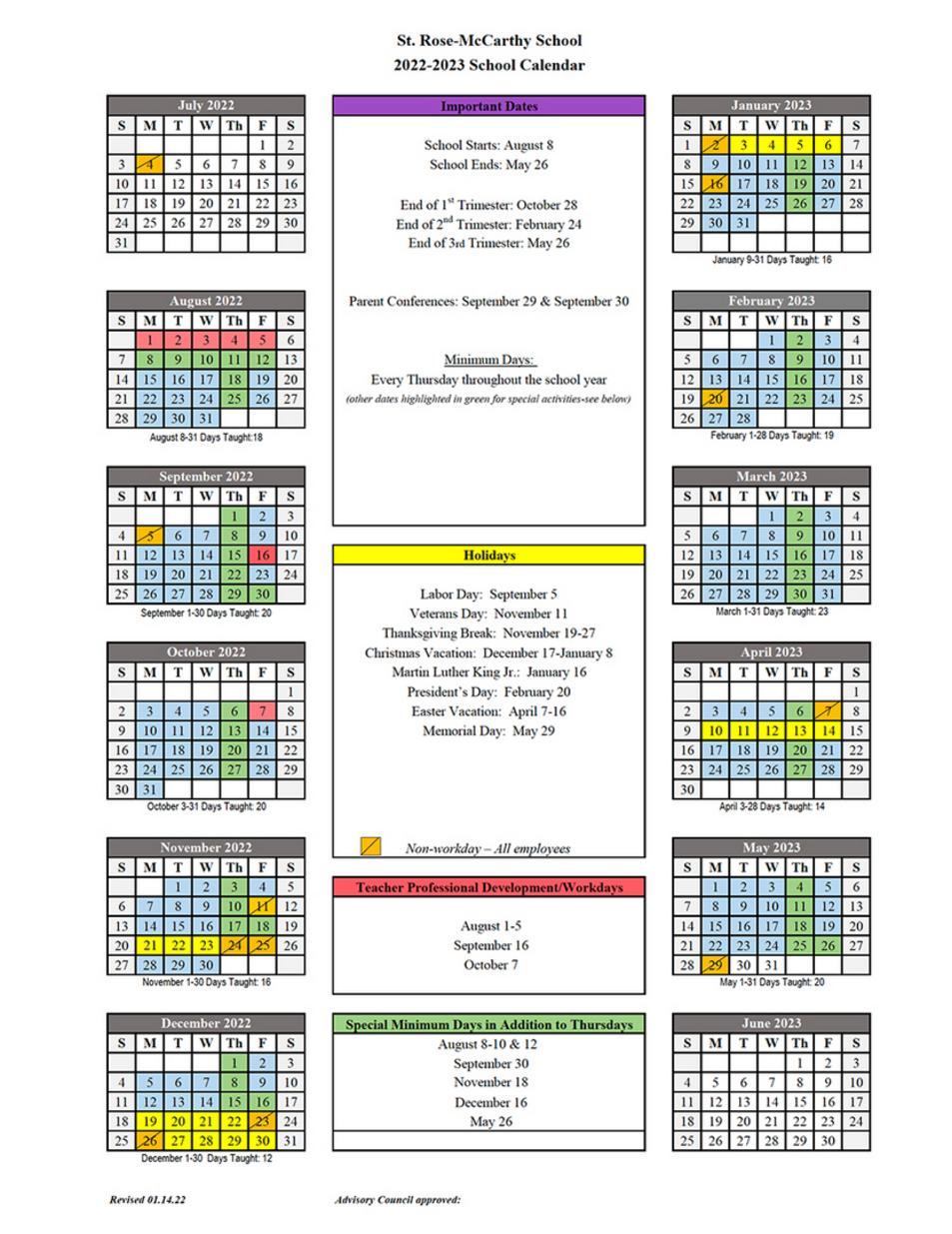 St. Rose-McCarthy Catholic School | School Year-at-a-Glance