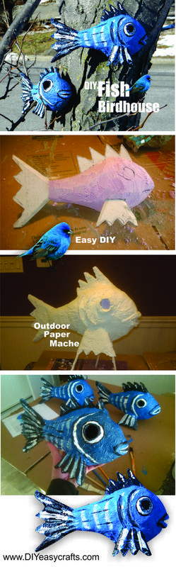 DIY Outdoor Paper Mache Nautical Fish Shaped Bird House. Check out our other Nautical and Beach Decor DIY projects. www.DIYeasycrafts.com