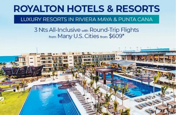 Royalton Resorts All Inclusive Package Deals from $609 per person with flights. Bundled flights from JFK, Atlanta, Baltimore, Charlotte, Miami, Orlando and other major cities available. Low deposits.