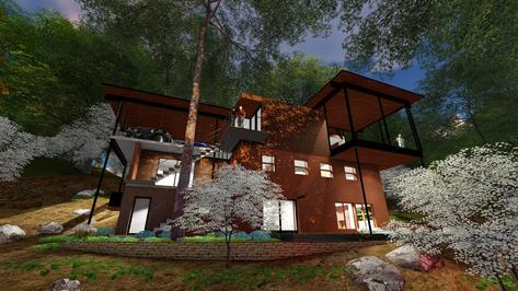 Usonian MidCentury Modern Renovation 3DGreenPlanetArchitects.com reat perspective