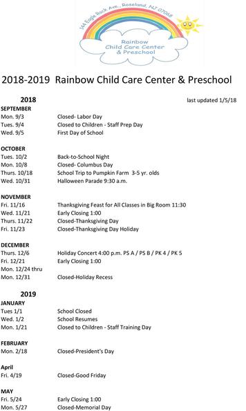 Calendar/Events | Rainbow Child Care Center & Preschool
