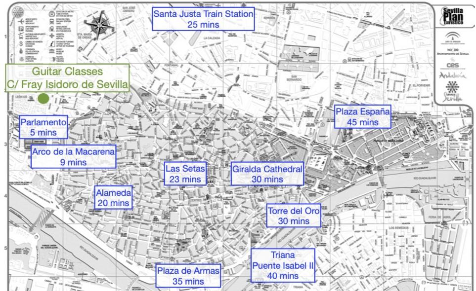 walking distances from major landmarks to guitar classes in Seville