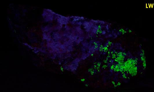 fluorescent WILLEMITE and HYDROZINCITE, ZINCITE, FRANKLINITE,Sterling Mine, Sterling Hill, Ogdensburg, Franklin Mining District, Sussex County, New Jersey, USA