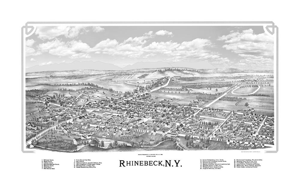 Rhinebeck, N.Y. 1890 Birds Eye View - Map -Panoramic Aero View - Lucien R. Burleigh - Restored Enhanced Lithograph Reproduction - New York Archival Prints, Cooperstown N.Y.