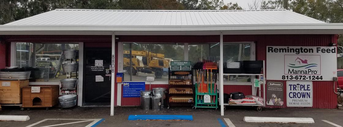 Remington Specialty Feed Store Front with Product out front, address is 8808 US Highway 301 South, Riverview, Florida8