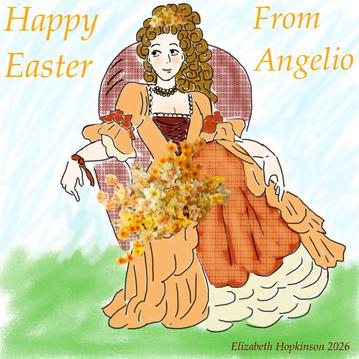 A richly-dressed girl in a chair with a lap full of daffodils
