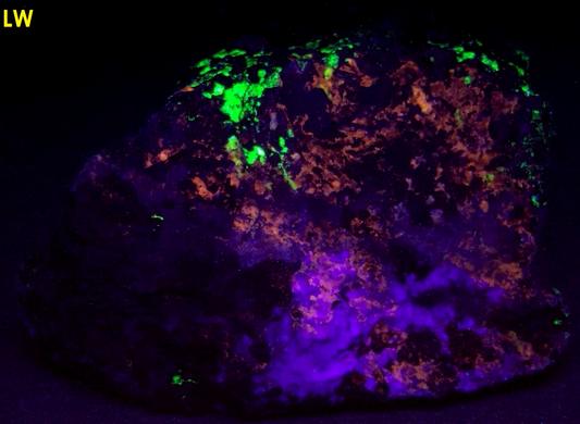 fluorescent HARDYSTONITE, CLINOHEDRITE, FLUORAPATITE, Willemite, Franklinite, Calcite, Diopside Schefferite, Andradite, Franklin Mine, Franklin, Franklin Mining District, Sussex County, New Jersey, USA