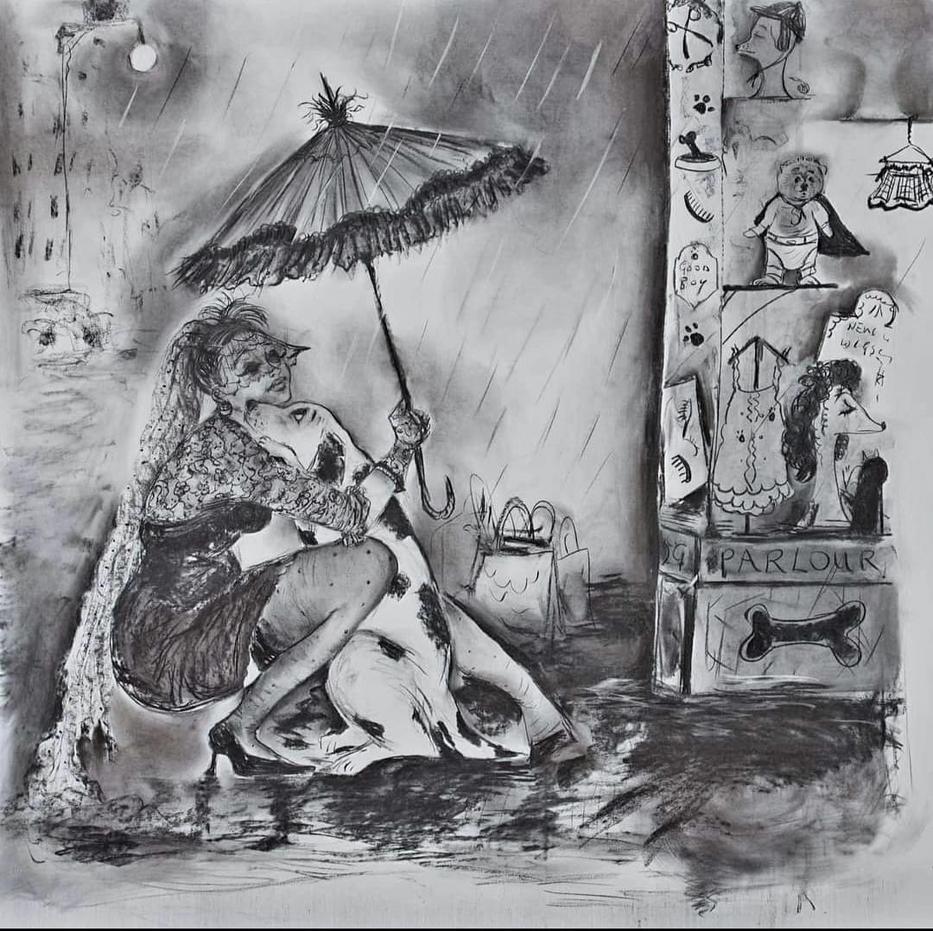 'The Pomeranian In The Window Called Me a Dog' - Charcoal on Paper 120 x 160 cm