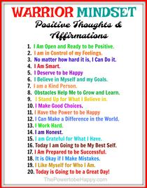 affirmationos, warrior mindset, affirmations poster, classroom posters, high school posters, positive thoughts, self love, self care, self love tools