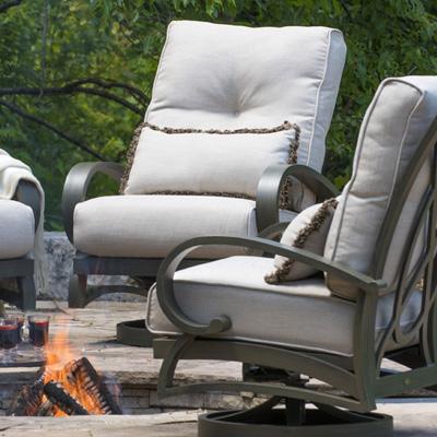 Mallin Salisbury patio chairs with white sunbrella outdoor cushions