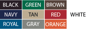 color chart: black, navy, royal, green, tan, gray, brown, red, orange, white