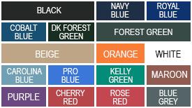 10oz VCP windscreen color chart: black, charcoal, light gray, tan, kelly green, forest green, navy, royal, maroon, purple, white, carolina blue, brown, red, orange