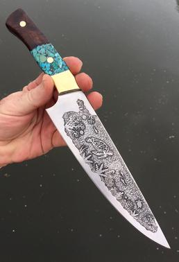 DIY Nautical Theme Sea Turtle etched Chef knife by BergKnifemaking.com. Free step by step instructions from www.DIYeasycrafts.com