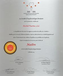 Diplôme Maitre Société Implantologie Dentaire Michel Puertas Denturologiste Brossard-Laprairie