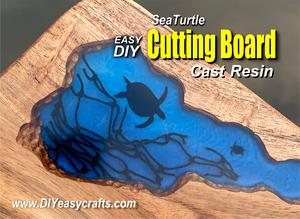 Sea Turtle Themed Cast Resin and Wood Cutting Board This easy DIY project uses any standard wood cutting board, resin, dye, and some self-adhesive vinyl. www.DIYeasycrafts.com