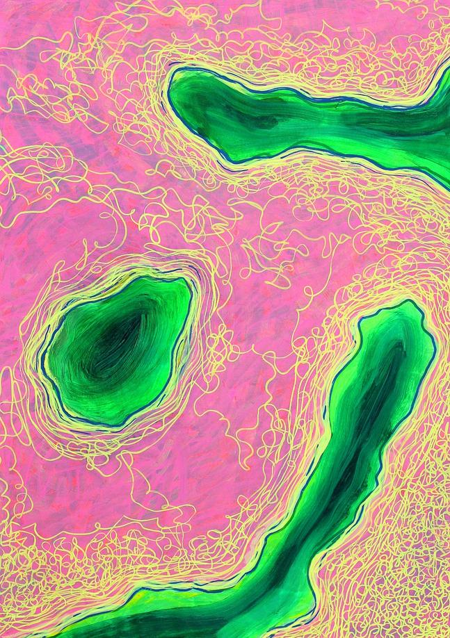 Inis Dooras/Peninsula and Islands by Orfhlaith Egan. Contemporary abstract expressionist neon lake landscape painting. Pink, yellow and green. Galway and Berlin.