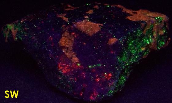 fluorescent FLUORAPATITE, BUSTAMITE, WILLEMITE, ANDRADITE, DIOPSIDE SCHEFFERITE, CALCITE, Franklin Mine, Franklin, Franklin Mining District, Sussex County, New Jersey, USA - type locality